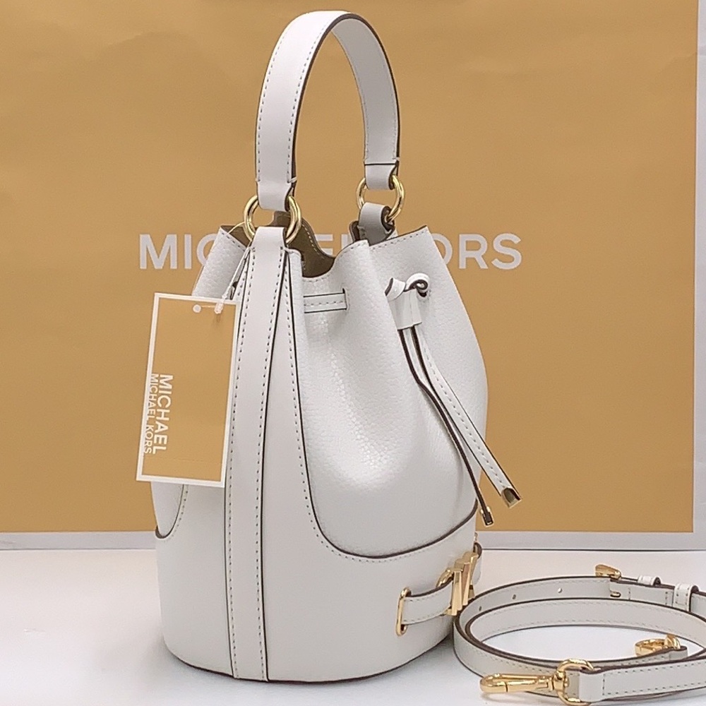 MICHAEL KORS  Reed Medium Pebbled Leather Bucket Bag Optic White NWT - Picture 2 of 16
